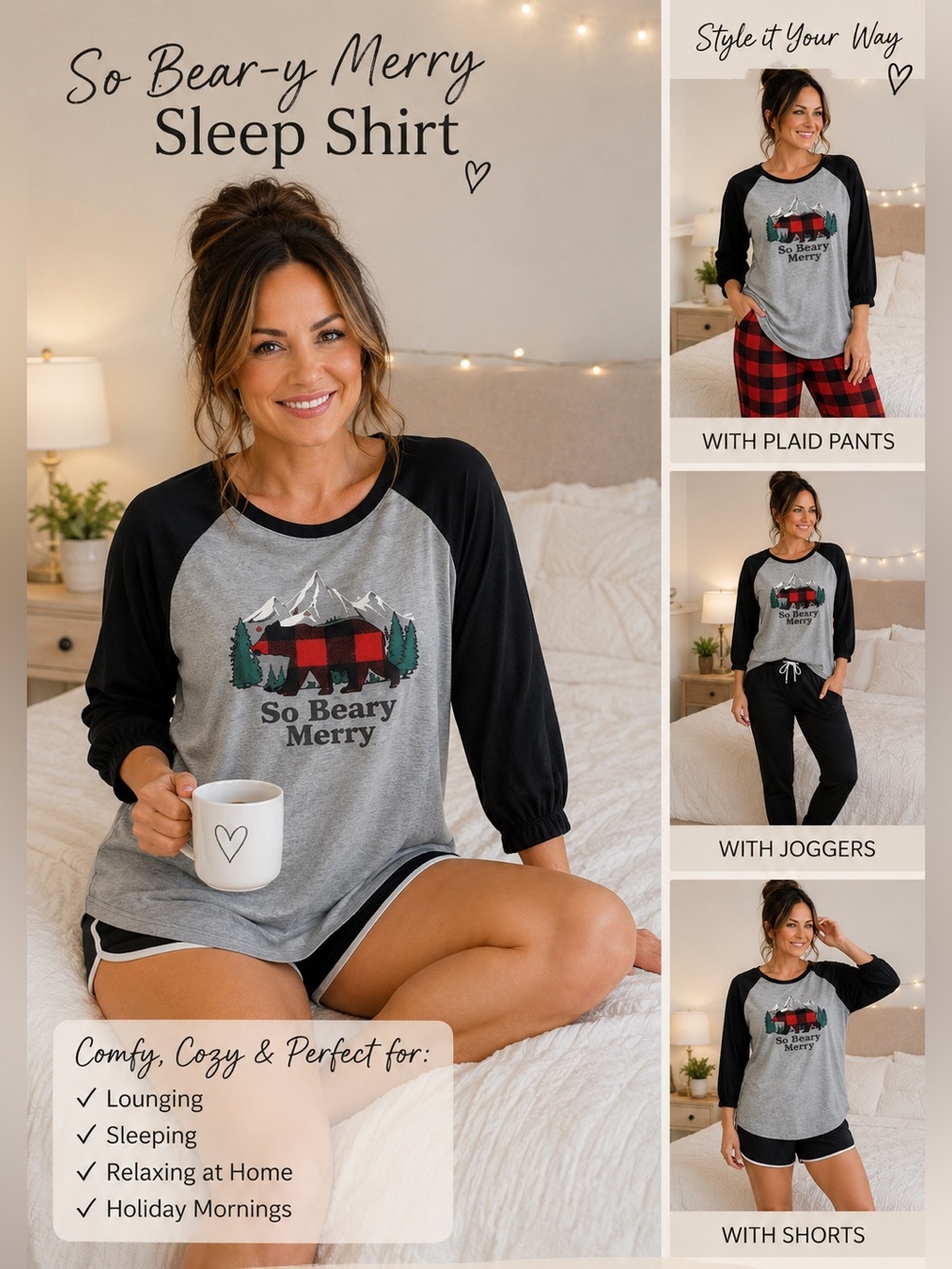 Holiday Fam Jams So Beary Merry Pajama Top XL Bear Christmas Sleep Shirt